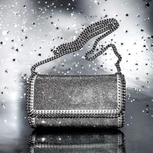 🆕💞Stella McCartney Falabella Crystal Mini Crossbody Clutch Silver Grey & Chain